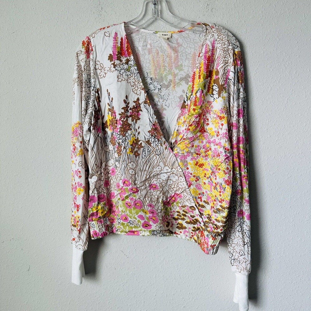 Tiny Floral Faux Wrap Long Sleeve Cinch Waist Blouse Sz M - Picture 1 of 5